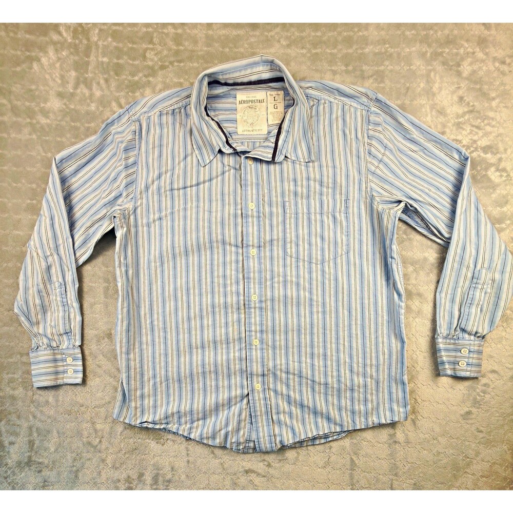 Aéropostale Authentic Fit Striped Blue White Woven Cotton Shirt Mens L Pockets